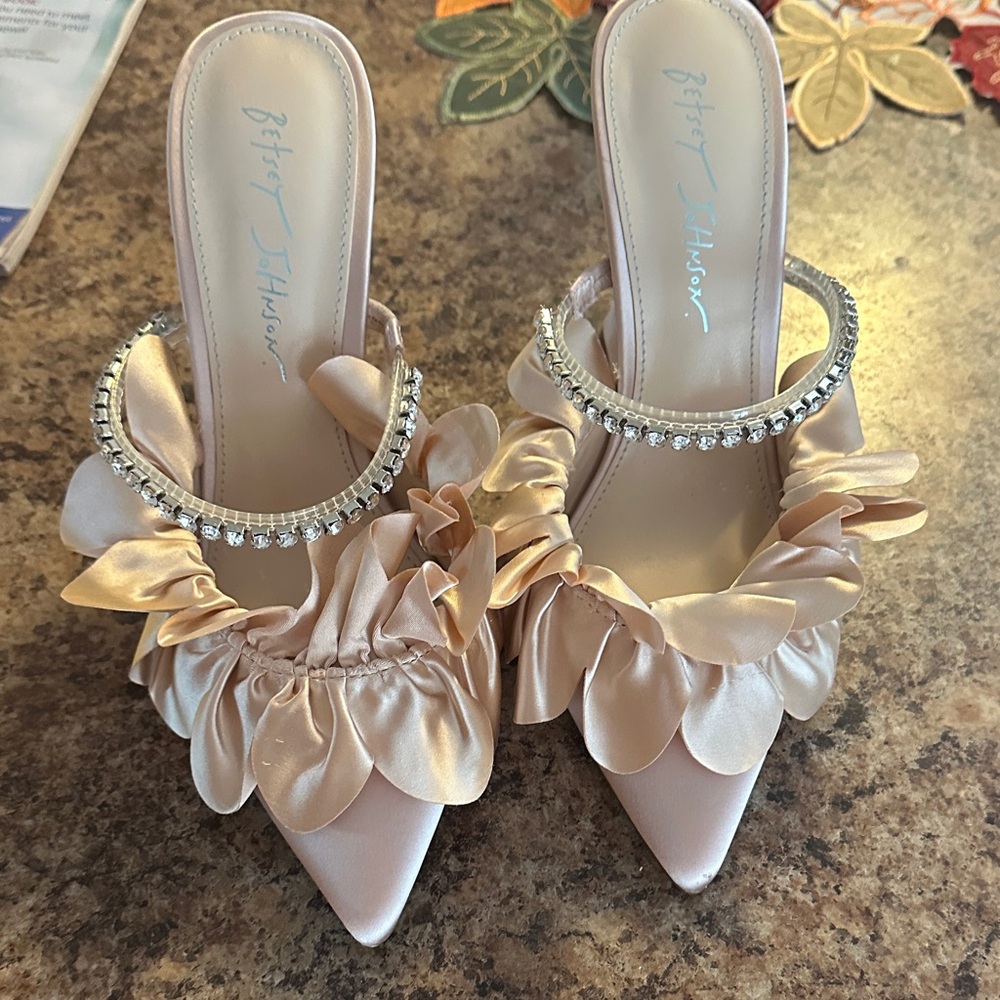 Betsey Johnson Satin Heels with Rhinestone Detail - Cream